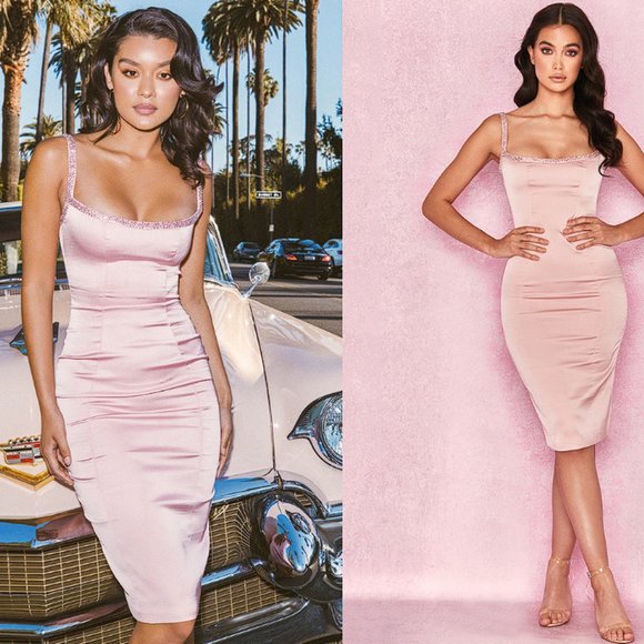 House of CB Dresses & Skirts - RARE HOUSE OF CB 'Camilla' Pink Satin Dress with Hand Sewn Crystals NWOT